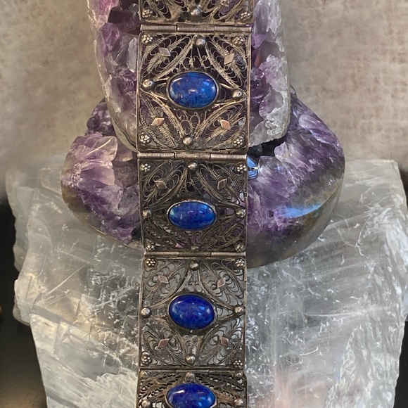 Vintage wide lapis filagree sterling panel bracelet